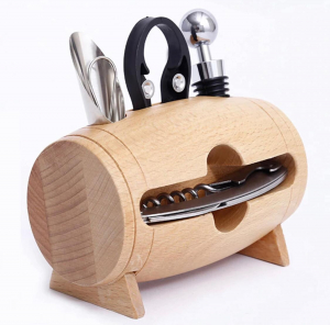 Set 4 piese din oțel inoxidabil de deschidere pentru sticle de vin cu suport tip butoi din lemn [7]