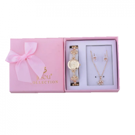 Aparate premium - Set simplu 3 buc pentru femei ceas, doi cercei, colier, cutie roz
