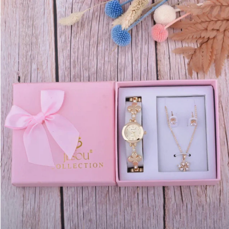 Set simplu 3 buc pentru femei ceas, doi cercei, colier, cutie roz [2]