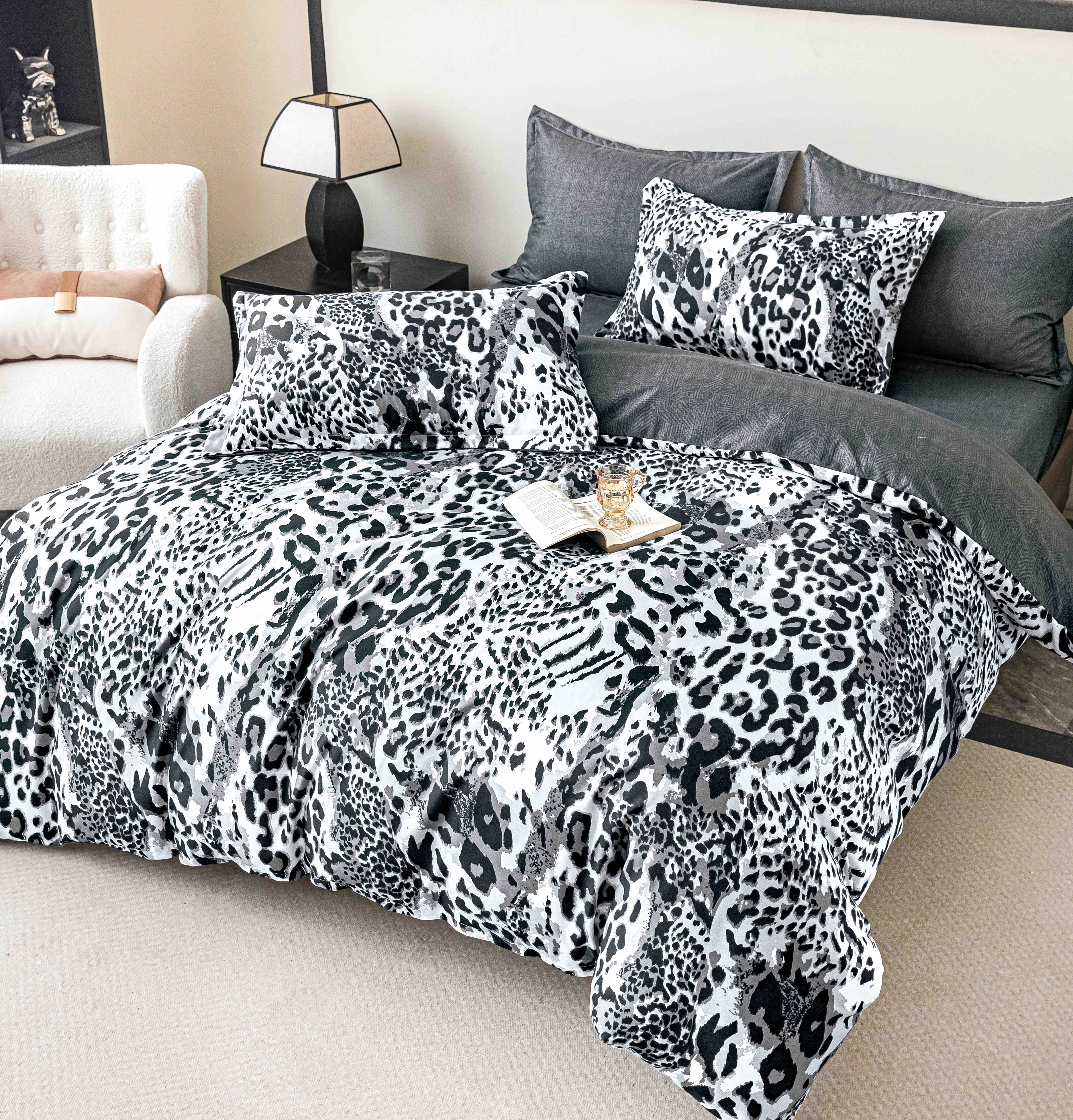 LENJERII 1 PERSOANA - Lenjerie De Pat Finet 1 Persoana - Gri Animal Print