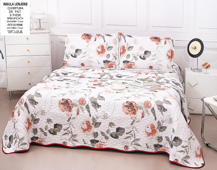 Cuvertura Din Bumbac Matlasat Cu Doua Fete - Bordo Cu Buchetele [2]