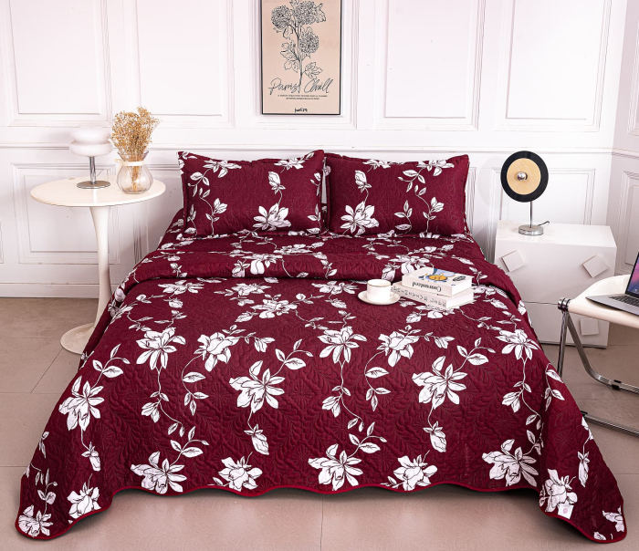 Cuvertura Din Bumbac Matlasat Cu Doua Fete - Flori Albe Pe Fundal Bordo [1]