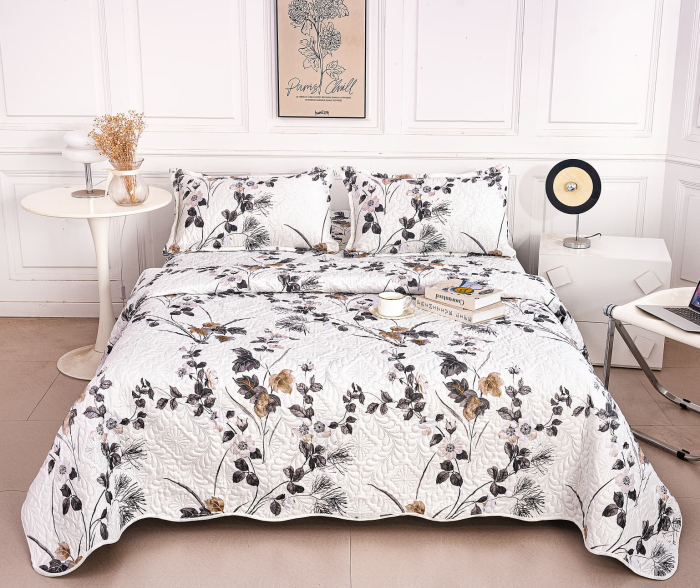 Cuvertura Din Bumbac Matlasat Cu Doua Fete - Flori Si Frunze Gri [2]