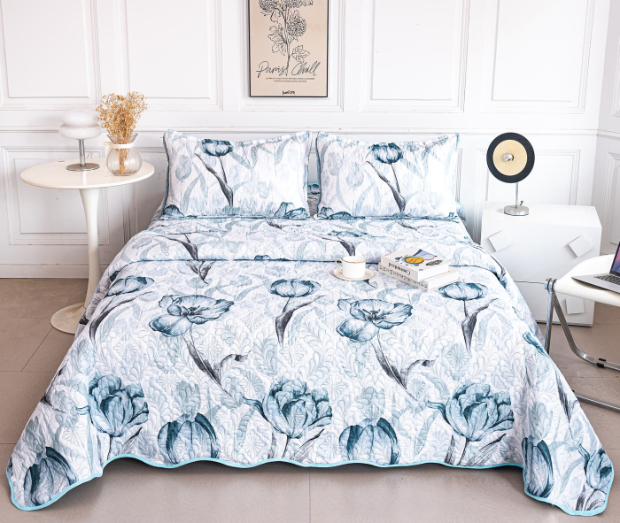 Cuvertura Din Bumbac Matlasat Cu Doua Fete - Lalele Inflorite Pe Albastru Deschis [1]