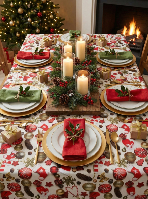 Fata De Masa 5D Pentru Craciun 180x220cm - Globuri Si Fulgi De Zapada [1]