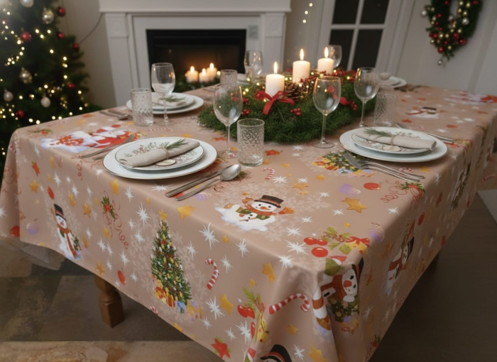 Fata De Masa Pentru Craciun 150x150cm - Bej Cu Mos Craciun [2]