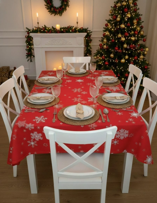 Fata De Masa Pentru Craciun 150x150cm - Rosie Cu Fulgi [4]