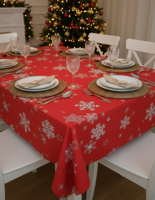 Fata De Masa Pentru Craciun 150x150cm - Rosie Cu Fulgi [2]