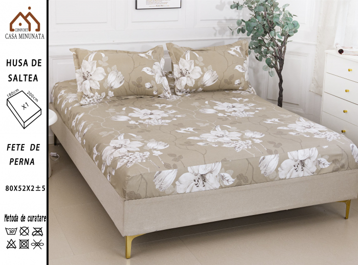 Husa cu Elastic si Fete de Perna Bumbac Satinat 180x200cm - Bej Flori Albe [1]