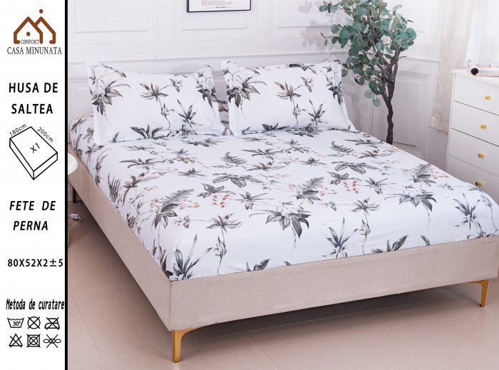 Husa cu Elastic si Fete de Perna Bumbac Satinat 180x200cm - Frunze [1]
