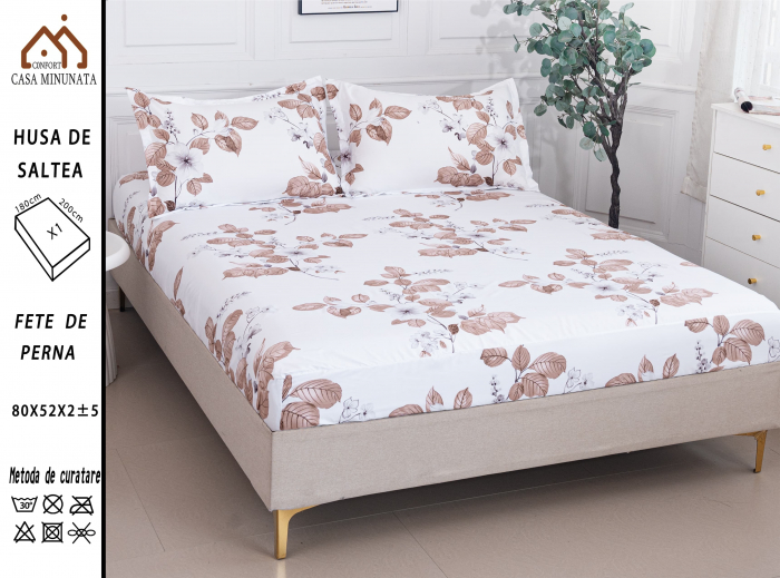 Husa cu Elastic si Fete de Perna Bumbac Satinat 180x200cm - Frunze Toamna [1]