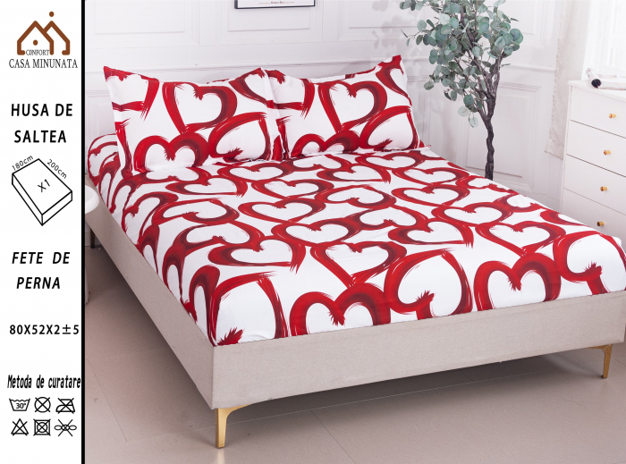Husa cu Elastic si Fete de Perna Bumbac Satinat 180x200cm - Inimi  [1]