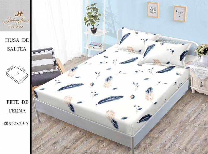 Husa cu Elastic si Fete de Perna Bumbac Satinat 180x200cm - Pene Albastre [1]