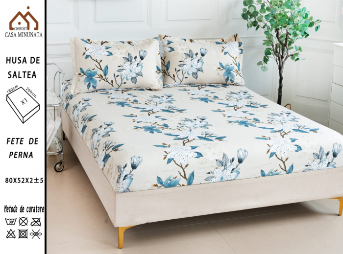 Husa cu Elastic si Fete de Perna Bumbac Satinat 180x200cm - Crem Cu Flori [1]