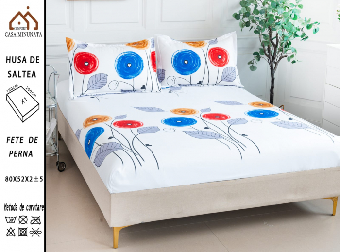Husa cu Elastic si Fete de Perna Bumbac Satinat 180x200cm - Flori Desenate [1]