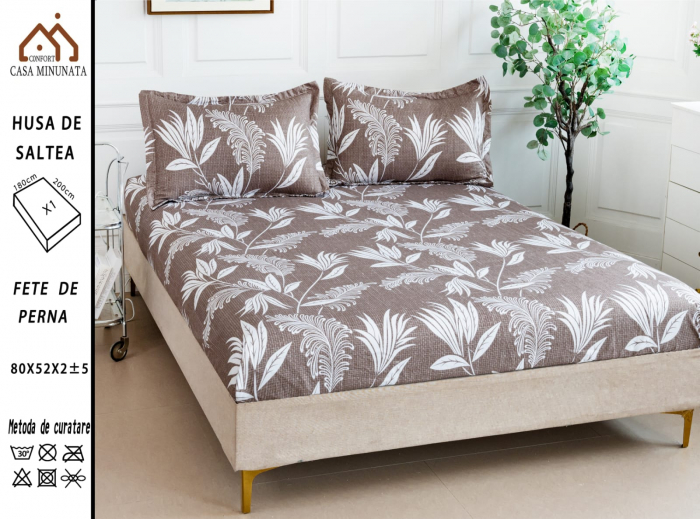 Husa cu Elastic si Fete de Perna Bumbac Satinat 180x200cm - Maro Frunze [1]