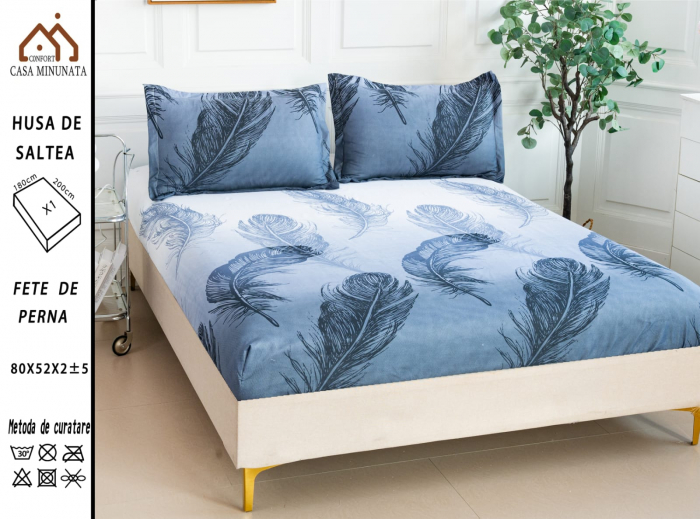 Husa cu Elastic si Fete de Perna Bumbac Satinat 180x200cm - Pene [1]