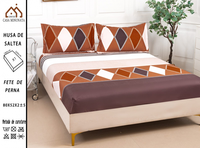 Husa cu Elastic si Fete de Perna Bumbac Satinat 180x200cm - Romb [1]