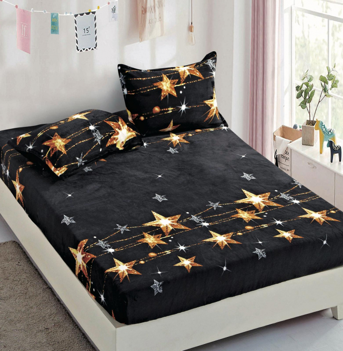 Husa cu Elastic si Fete de Perna Cocolino 180x200cm - Stelute Aurii [1]