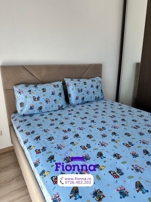 Husa cu Elastic si Fete de Perna Din Bumbac 100% Ranforce 180x200cm - Stitch Si Lilo La Plaja [6]
