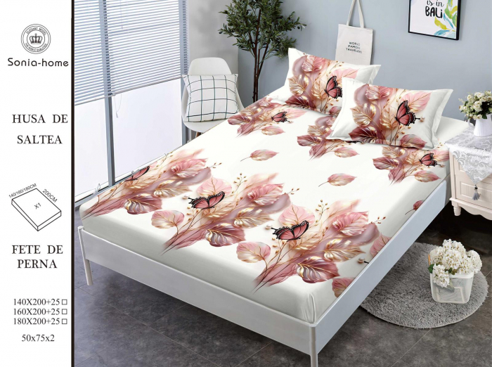 Husa cu Elastic si Fete de Perna Din Finet 140x200cm - Crem Cu Frunze [1]