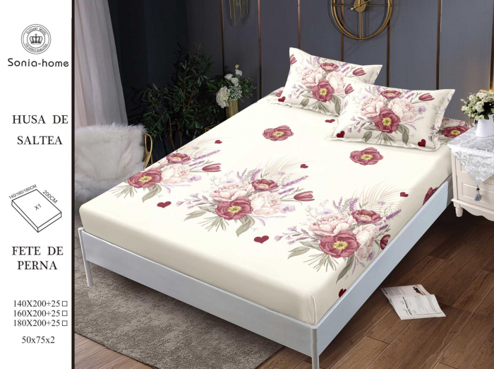 Husa cu Elastic si Fete de Perna Din Finet 140x200cm - Crem Cu Trandafiri Rosii [1]