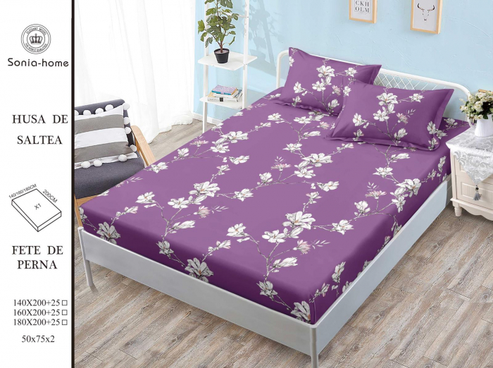 Husa cu Elastic si Fete de Perna Din Finet 140x200cm - Mov Cu Floricele [1]