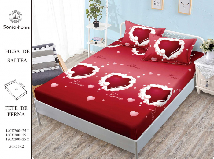 Husa cu Elastic si Fete de Perna Din Finet 140x200cm - Rosu Cu Inimioare [1]