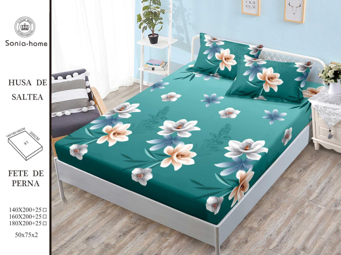 Husa cu Elastic si Fete de Perna Din Finet 140x200cm - Verde Cu Flori [1]