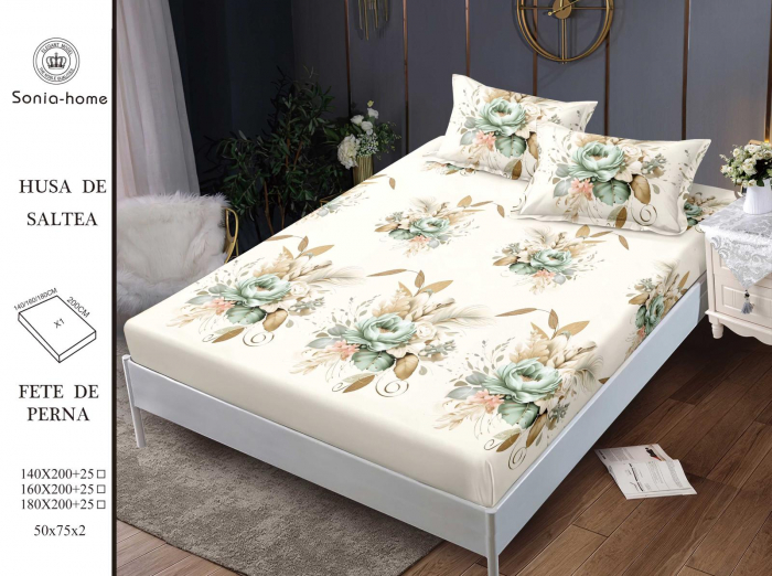 Husa cu Elastic si Fete de Perna Din Finet 180x200cm - Crem Cu Trandafiri Verzi [1]
