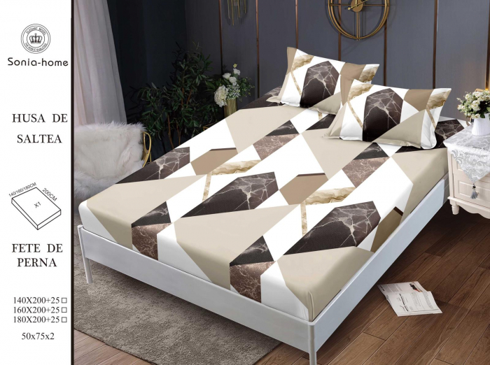 Husa cu Elastic si Fete de Perna Din Finet 180x200cm - Bej Marmura [1]