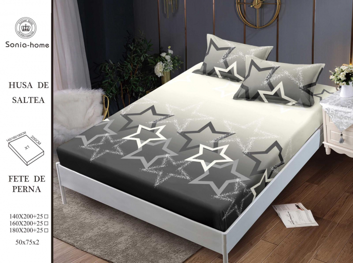 Husa cu Elastic si Fete de Perna Din Finet 180x200cm - Gri Cu Stelute [1]