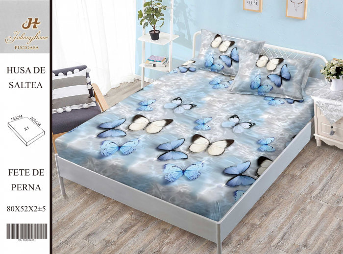 Husa cu Elastic si Fete de Perna Din Finet 180x200cm - Fluturasi Bleu [1]