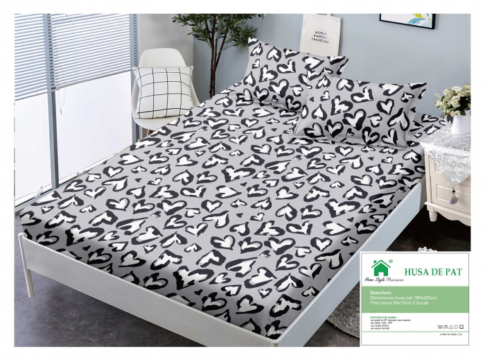 Husa cu Elastic si Fete de Perna Din Finet 180x200cm - Gri Cu Inimioare Negre [1]