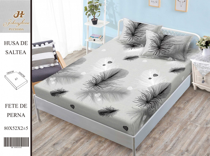 Husa cu Elastic si Fete de Perna Din Finet 180x200cm - Gri Cu Pene [1]