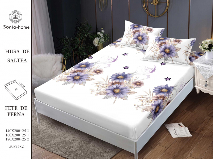 Husa cu Elastic si Fete de Perna Din Finet 180x200cm - Alb Cu Floricele Mov [1]