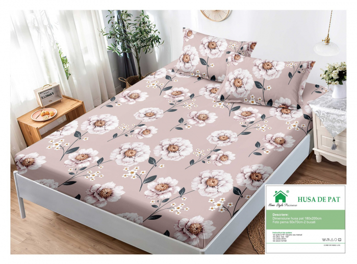 Husa cu Elastic si Fete de Perna Din Finet 180x200cm - Roz Floral [1]