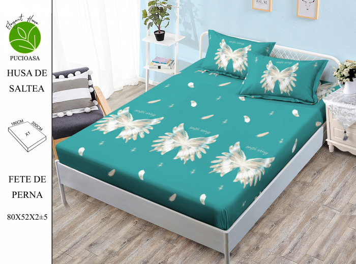 Husa cu Elastic si Fete de Perna Din Finet 180x200cm - Verde Cu Pene [1]