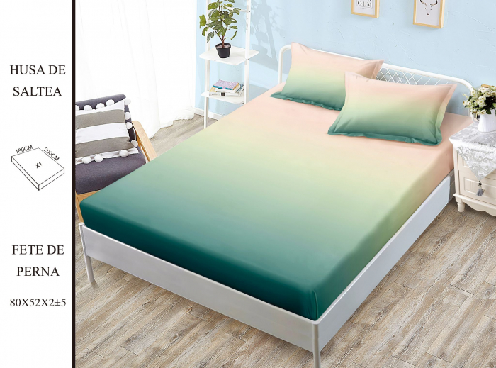 Husa cu Elastic si Fete de Perna Din Finet 180x200cm - Verde Piersica Degrade [1]