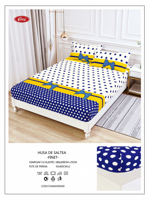 Husa cu Elastic si Fete de Perna Din Finet - Buline Si Fundite [2]