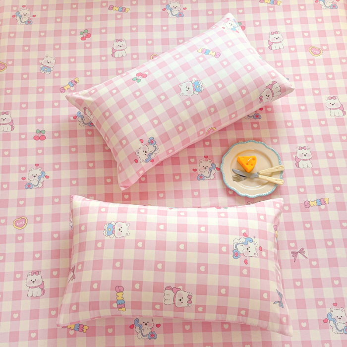 Husa Din Bumbac 100% Ranforce Cu Elastic Si Fete De Perna 160x200cm - Catelusi, Inimioare si Fundite Roz [2]