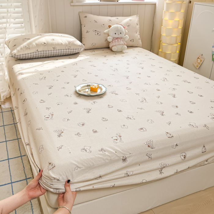 Husa Din Bumbac 100% Ranforce Cu Elastic Si Fete De Perna 160x200cm - Crem Cu Ursuleti [14]