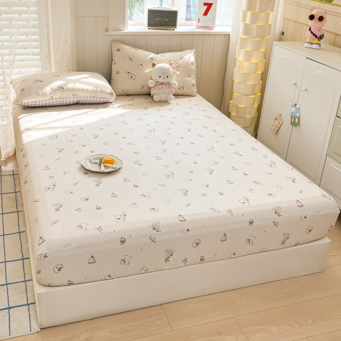 Husa Din Bumbac 100% Ranforce Cu Elastic Si Fete De Perna 160x200cm - Crem Cu Ursuleti [7]