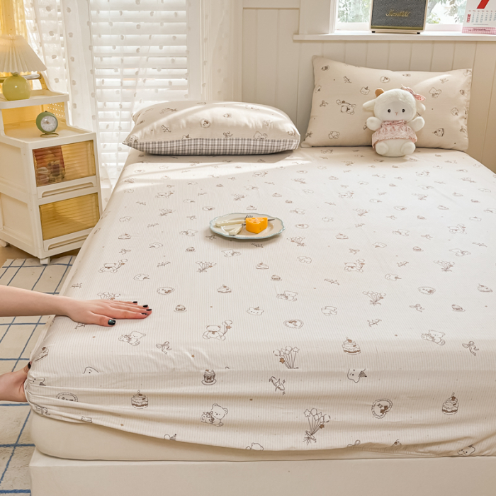 Husa Din Bumbac 100% Ranforce Cu Elastic Si Fete De Perna 160x200cm - Crem Cu Ursuleti [12]