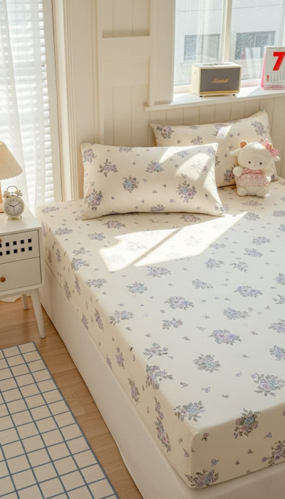 Husa Din Bumbac 100% Ranforce Cu Elastic Si Fete De Perna 160x200cm - Floricele Si Lila [3]