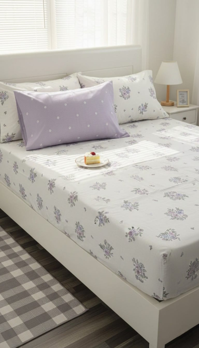 Husa Din Bumbac 100% Ranforce Cu Elastic Si Fete De Perna 160x200cm - Floricele Si Lila [2]