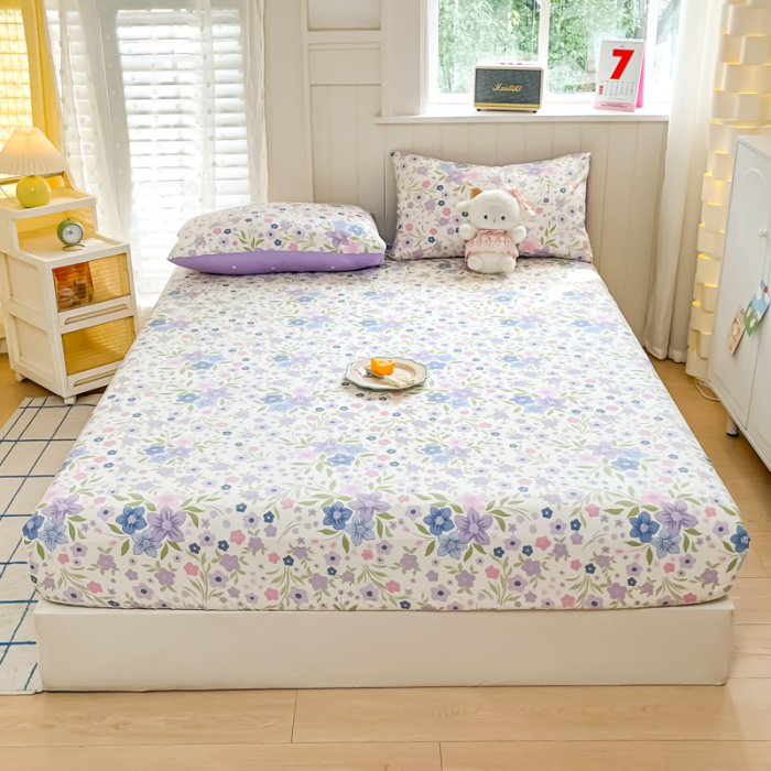 Husa Din Bumbac 100% Ranforce Cu Elastic Si Fete De Perna 160x200cm - Gradina Cu Flori Lila [1]