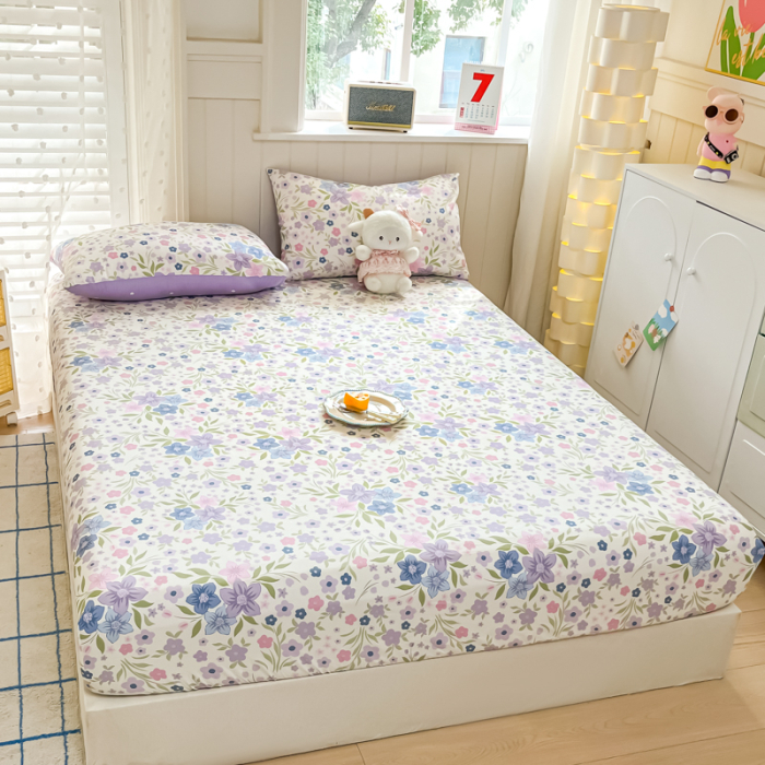 Husa Din Bumbac 100% Ranforce Cu Elastic Si Fete De Perna 160x200cm - Gradina Cu Flori Lila [7]