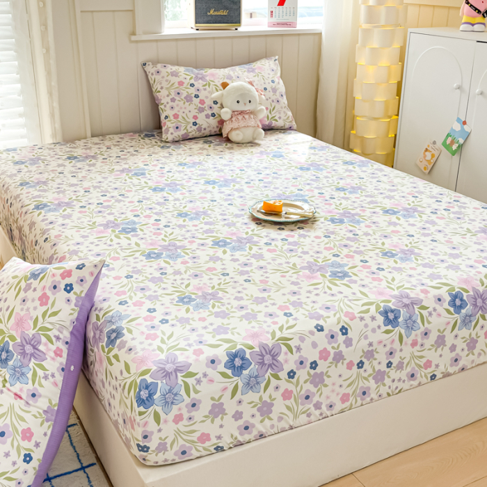 Husa Din Bumbac 100% Ranforce Cu Elastic Si Fete De Perna 160x200cm - Gradina Cu Flori Lila [8]