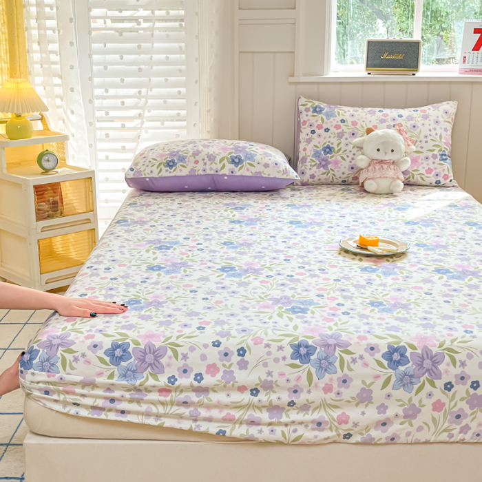 Husa Din Bumbac 100% Ranforce Cu Elastic Si Fete De Perna 160x200cm - Gradina Cu Flori Lila [11]